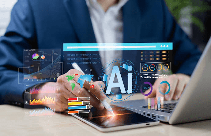 A business user working with AI dashboards and data visualisations on a tablet and laptop